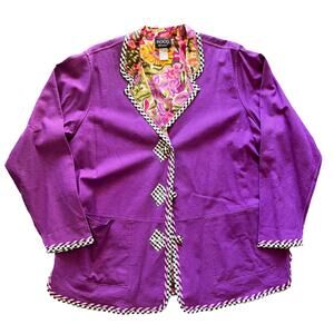 Koos of Course Purple w Black White Linen Rayon Reversible Floral Jacket Sz 1X